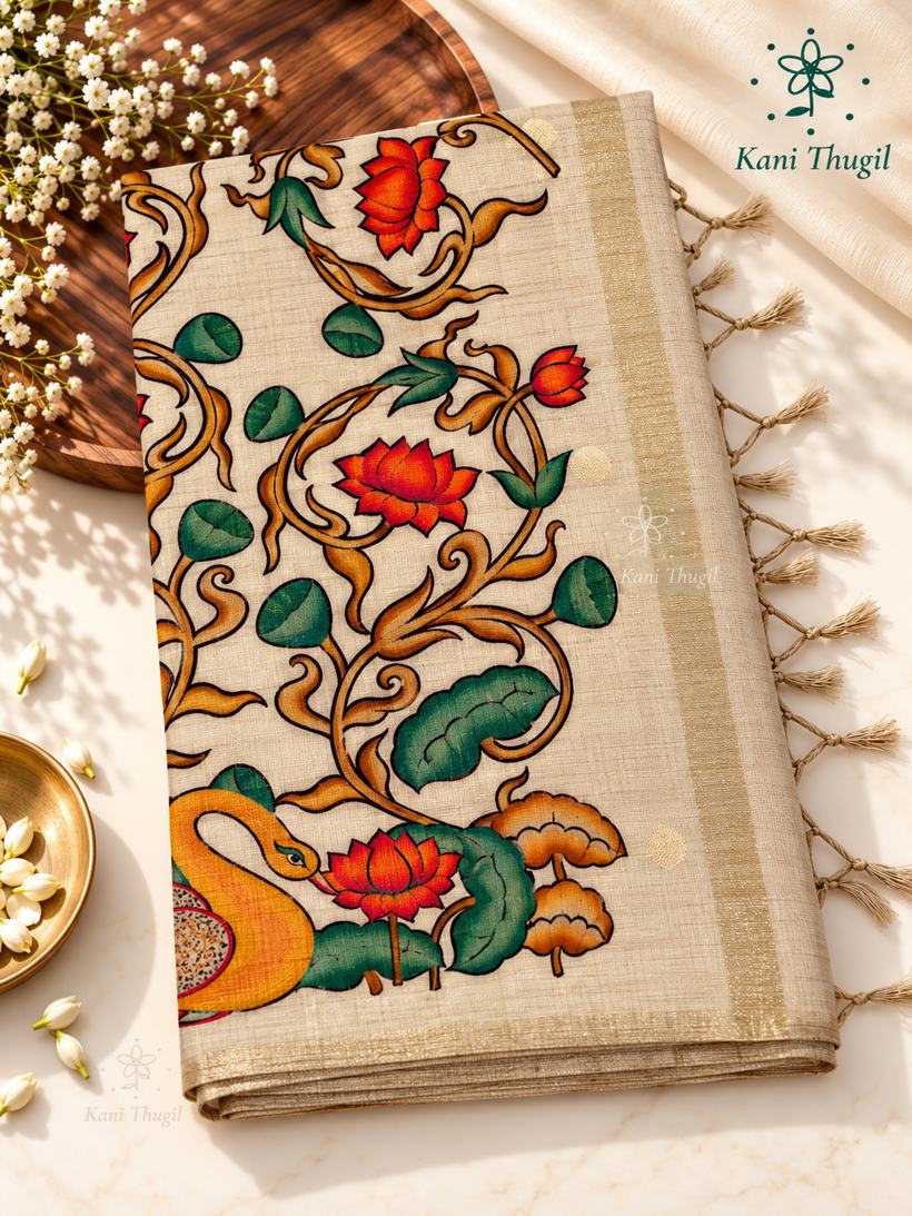 Cream tussar saree with Kalamkari lotus and swan print, styled with jasmine